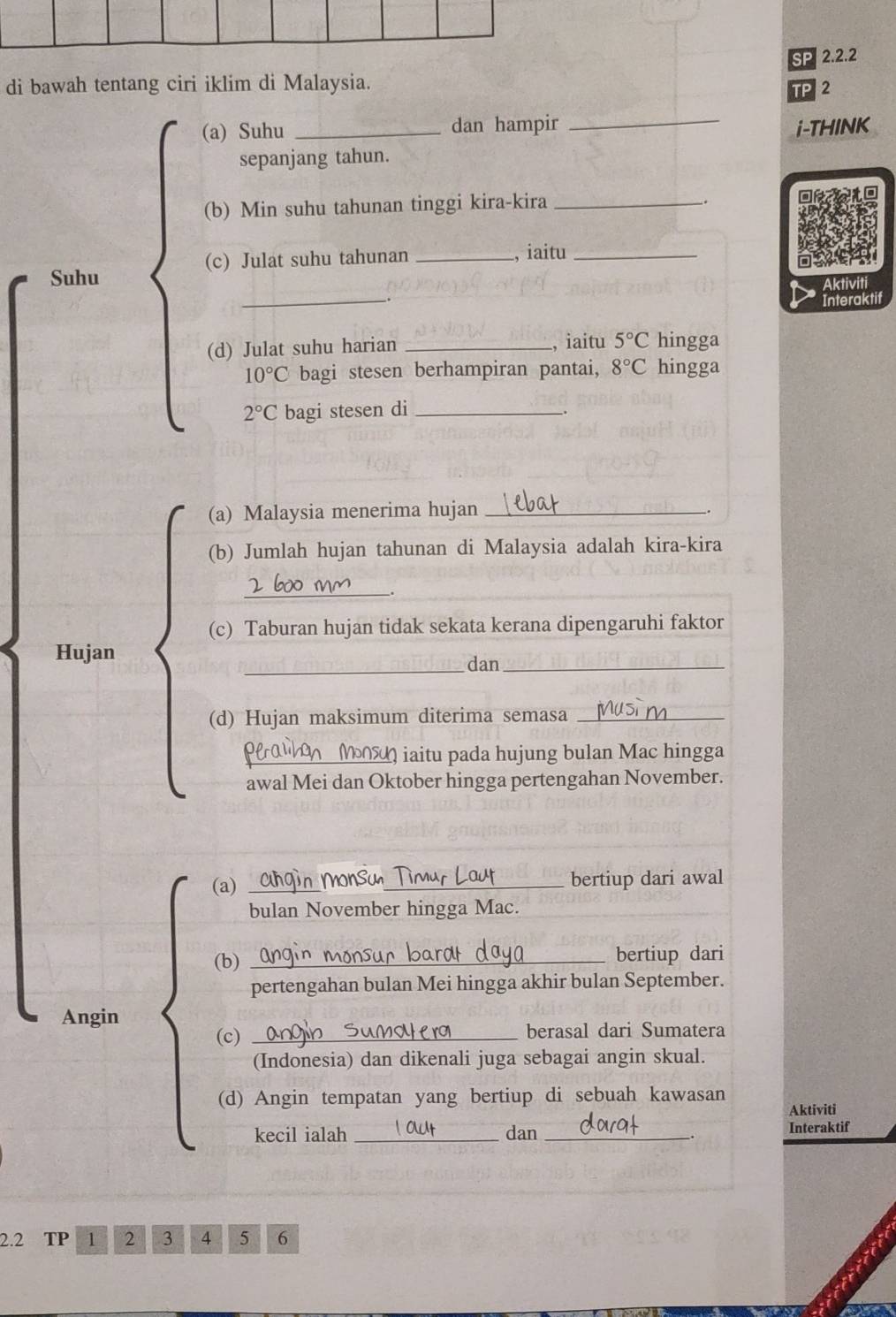 SP 2.2.2 
di bawah tentang ciri iklim di Malaysia. 
TP 2 
(a) Suhu _dan hampir _i-THINK 
sepanjang tahun. 
(b) Min suhu tahunan tinggi kira-kira_ 
_. 
(c) Julat suhu tahunan _, iaitu_ 
_ 
Suhu 
Interaktif 
(d) Julat suhu harian _, iaitu 5°C hingga
10°C bagi stesen berhampiran pantai, 8°C hingga
2°C bagi stesen di_ 
(a) Malaysia menerima hujan_ 
(b) Jumlah hujan tahunan di Malaysia adalah kira-kira 
_ 
(c) Taburan hujan tidak sekata kerana dipengaruhi faktor 
Hujan 
_dan_ 
(d) Hujan maksimum diterima semasa_ 
_iaitu pada hujung bulan Mac hingga 
awal Mei dan Oktober hingga pertengahan November. 
(a) ___bertiup dari awal 
bulan November hingga Mac. 
(b) _bertiup dari 
pertengahan bulan Mei hingga akhir bulan September. 
Angin 
(c) _berasal dari Sumatera 
(Indonesia) dan dikenali juga sebagai angin skual. 
(d) Angin tempatan yang bertiup di sebuah kawasan 
Aktiviti 
kecil ialah _dan _Interaktif 
. 
2.2 ₹TP 1 2 3 4 5 6