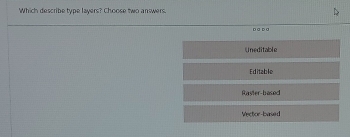 Which describe type layers? Choose two answers.
D ③ D a
Uneditable
Editable
Raster-based
Vector-based