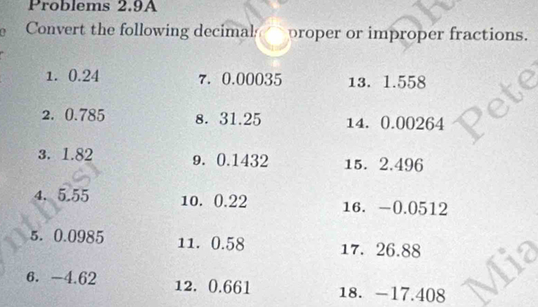 Problems 2.9A 
Convert the following decimal proper or improper fractions. 
1. 0.24 7. 0.00035 13. 1.558
2. 0.785 8. 31.25 14. 0.00264
3. 1.82 9. 0.1432 15. 2.496
4. 5.55 10. 0.22 16. -0.0512
5. 0.0985 11. 0.58 17. 26.88
6. -4.62 12. 0.66l 18. -17.408