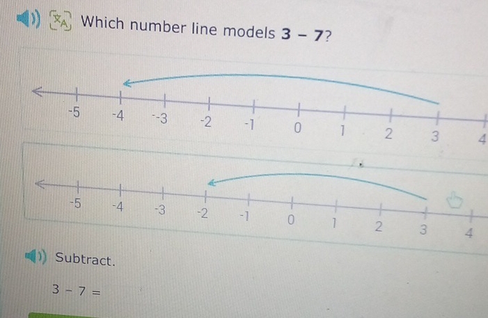 Which number line models 3-7
4
Subtract.
3-7=