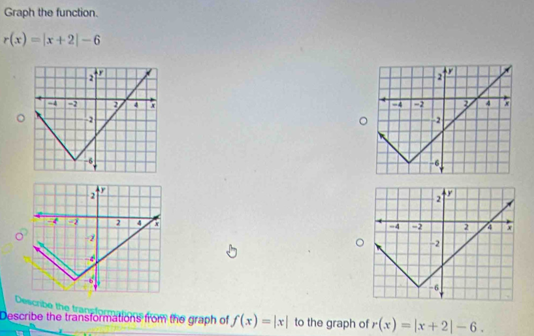 Graph the function.
r(x)=|x+2|-6

Describe the tra
Describe the transformations from the graph of f(x)=|x| to the graph of r(x)=|x+2|-6.