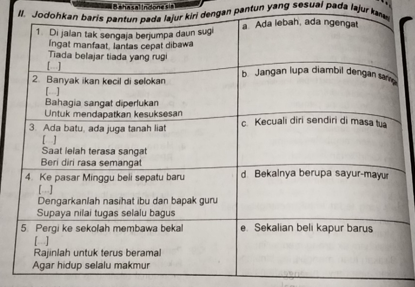 Bahasal Indonesia 
II. Jengan pantun yang sesuai pada lajur kana