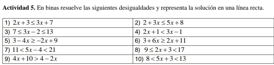 Actividad 5. En binas resuelve las siguientes desigualdades y representa la solución en una línea recta.