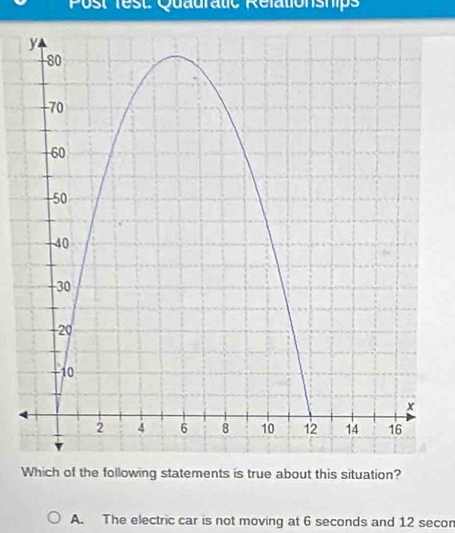 Post Test: Quauratic Relationships
ich of the following statements is true about this situation?
A. The electric car is not moving at 6 seconds and 12 secon