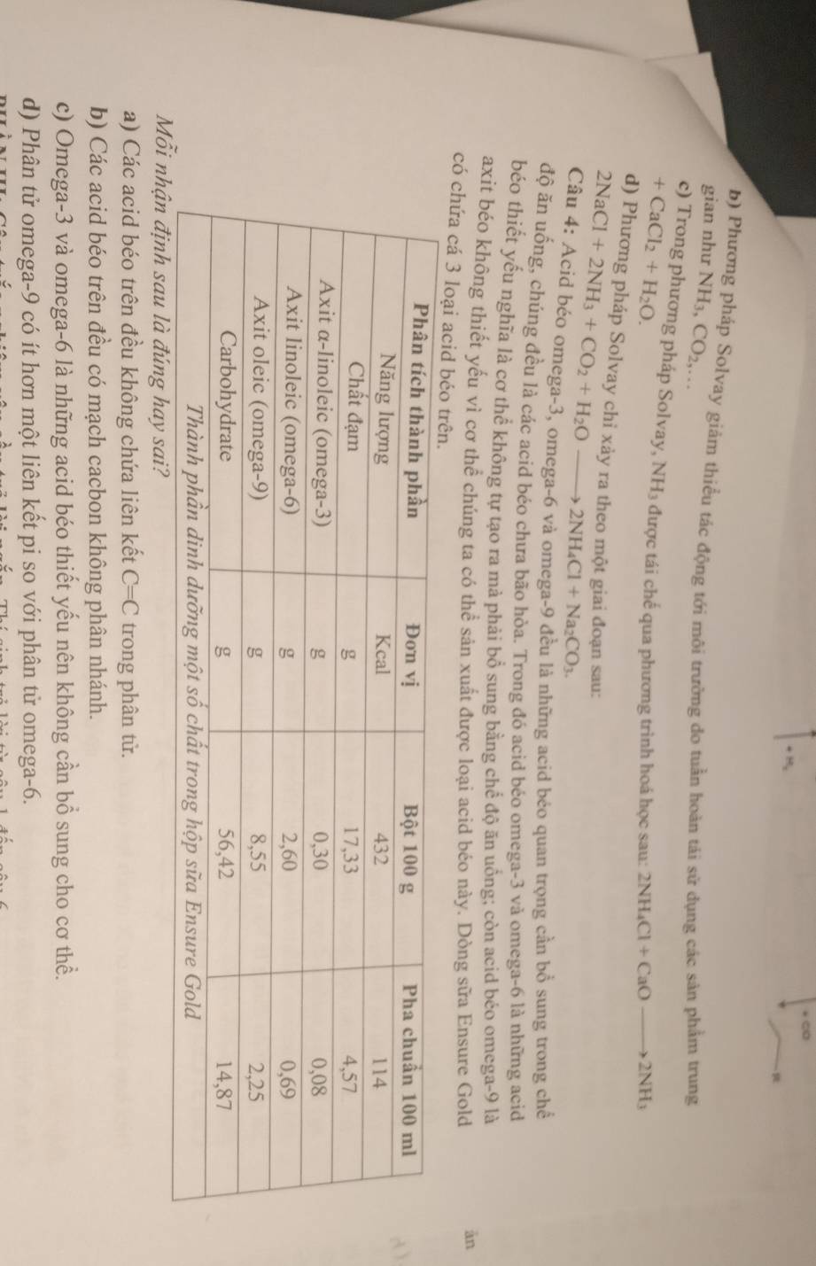 +H
b) Phương pháp Solvay giảm thiều tác động tới môi trường do tuần hoàn tái sử dụng các sản phẩm trung
gian như NH_3, CO_2,...
c) Trong phương pháp Solvay, N IH 3 được tái chế qua phương trình hoá học sau: 2NH_4Cl+CaOto 2NH_3
+CaCl_2+H_2O.
d) Phương pháp Solvay chỉ xảy ra theo một giai đoạn sau:
2NaCl+2NH_3+CO_2+H_2Oto 2NH_4Cl+Na_2CO_3. 
Câu 4: Acid béo omega -3, omega -6 và omega -9 đều là những acid béo quan trọng cần bồ sung trong chế
độ ăn uống, chúng đều là các acid béo chưa bão hòa. Trong đó acid béo omega -3 và omega -6 là những acid
béo thiết yếu nghĩa là cơ thể không tự tạo ra mà phải bổ sung bằng chế độ ăn uống; còn acid béo omega -9 là
axit béo không thiết yếu vì cơ thể chúng ta có thể sản xuất được loại acid béo này. Dòng sữa Ensure Gold
àn
có chứa cá 3 loại a
)
M
a) Các acid béo trên đều không chứa liên kết C=C trong phân từ.
b) Các acid béo trên đều có mạch cacbon không phân nhánh.
c) Omega -3 và omega -6 là những acid béo thiết yếu nên không cần bổ sung cho cơ thể.
d) Phân tử omega -9 có ít hơn một liên kết pi so với phân tử omega -6.