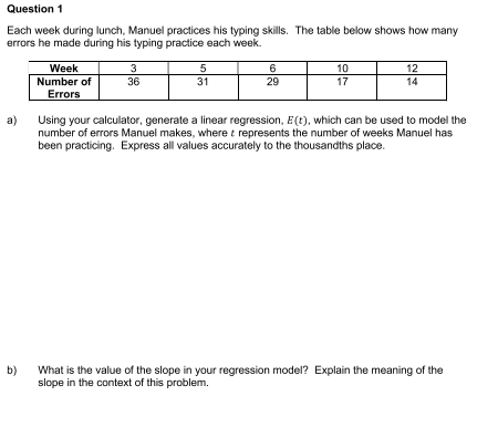 Each week during lunch, Manuel practices his typing skills. The table below shows how many 
errors he made during his typing practice each week. 
a) Using your calculator, generate a linear regression, E(t) , which can be used to model the 
number of errors Manuel makes, where t represents the number of weeks Manuel has 
been practicing. Express all values accurately to the thousandths place. 
b) What is the value of the slope in your regression model? Explain the meaning of the 
slope in the context of this problem.