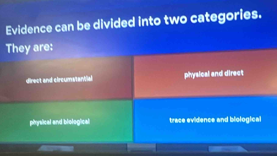 Evidence can be divided into two categories.
They are:
direct and circumstantial physical and direct
physical and biological trace evidence and biological