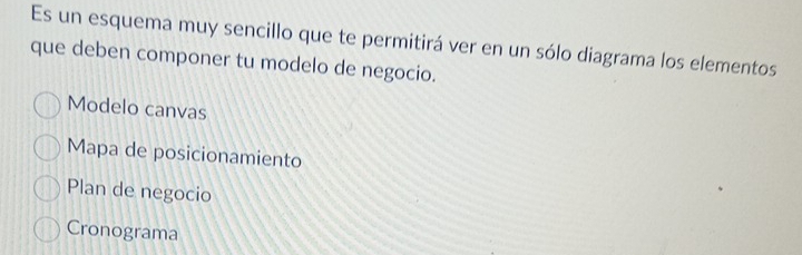 Es un esquema muy sencillo que te permitirá ver en un sólo diagrama los elementos
que deben componer tu modelo de negocio.
Modelo canvas
Mapa de posicionamiento
Plan de negocio
Cronograma