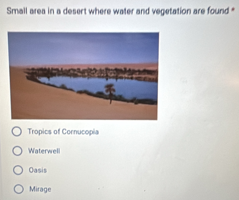 Small area in a desert where water and vegetation are found *
Tropics of Cornucopia
Waterwell
Oasis
Mirage