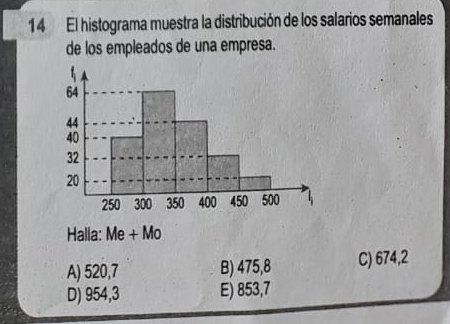 El histograma muestra la distribución de los salarios semanales
de los empleados de una empresa.
Halla: Me + Mo
A) 520,7 B) 475,8 C) 674,2
D) 954,3 E) 853,7