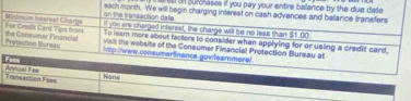 tist on purchases if you pay your entire ballance by the due date 
on the transaction date each month. We will begin charging interest on cash advances and ballance transfers
ll you are charged interest, the charge will be no less than $1.00
itindm m Intarist Charga For Cradis Card Tips from To leam more about factors to consider when applying for or using a credit card,
visit the website of the Consumer Financial Protection Bureau at
Protection Bursau the Consumer Financial hp./lwww.consumerfinance. gowleammore!.
Foes Nàne
Annaal Fee Transaction Fees