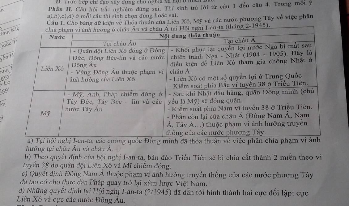 Trực tiếp chi đạo xây dựng chu nghĩa xã hội ở mch B
n
Phần II. Câu hỏi trắc nghiệm đúng sai. Thí sinh trả lời từ câu 1 đến câu 4. Trong mỗi ý
a),b),c),d) ở mỗi câu thí sinh chọn đúng hoặc sai.
Câu 1. Cho bảng dữ kiện về Thỏa thuận của Liên Xô, Mỹ và các nước phương Tây về việc phân
ờn45).
Qu
yễn
an
gu
L
Ig
en
1
ng minh đã thỏa thuận về việc phân
hưởng tại châu Âu và châu Á.
b) Theo quyết định của hội nghị I-an-ta, bán đảo Triều Tiên sẽ bị chia cắt thành 2 miền theo vĩ
tuyến 38 do quân đội Liên Xô và Mĩ chiếm đóng.
c) Quyết định Đông Nam Á thuộc phạm vi ảnh hưởng truyền thống của các nước phương Tây
đã tạo cớ cho thực dân Pháp quay trở lại xâm lược Việt Nam.
d) Những quyết định tại Hội nghị I-an-ta (2/1945) đã dẫn tới hình thành hai cực đối lập: cực
Liên Xô và cực các nước Đông Âu.