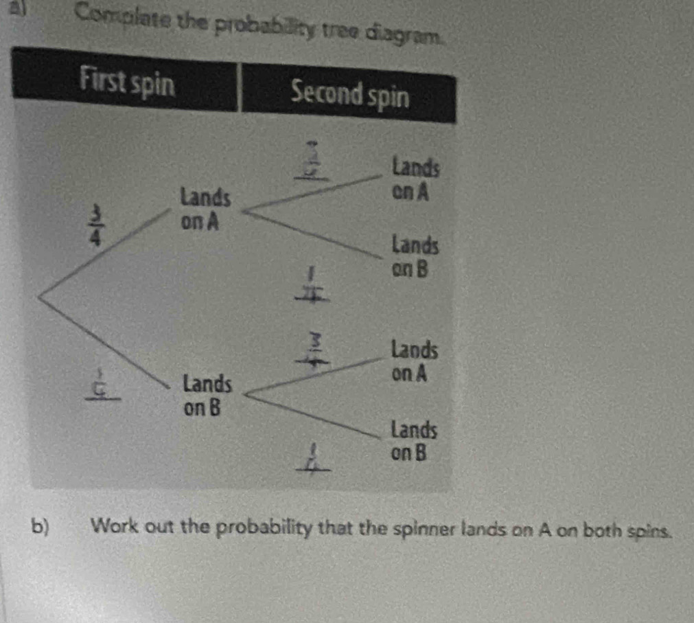 Complate the probability tree diagram.
b) Work out the probability that the spinner lands on A on both spins.