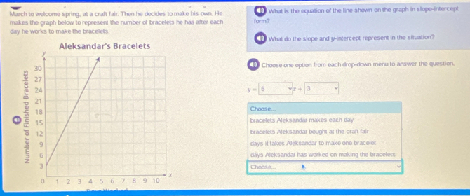 March to welcome spring, at a craft fair. Then he decides to make his own. He 40 What is the equation of the line shown on the graph in slope-intercept
makes the graph below to represent the number of bracelets he has after each form?
day he works to make the bracelets.
What do the slope and y-intercept represent in the situation?
Choose one option from each drop-down menu to answer the question.
y=6x+3
Choose...
bracelets Aleksandar makes each day
bracelets Aleksandar bought at the craft fair
days it takes Aleksandar to make one bracelet
days Aleksandar has worked on making the bracelets
Choose...