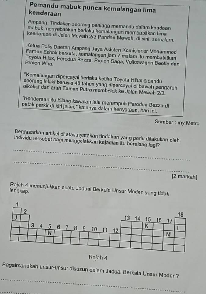 Pemandu mabuk punca kemalangan lima 
kenderaan 
Ampang: Tindakan seorang peniaga memandu dalam keadaan 
mabuk menyebabkan berlaku kemalangan membabitkan lima 
kenderaan di Jalan Mewah 2/3 Pandan Mewah, di sini, semalam. 
Ketua Polis Daerah Ampang Jaya Asisten Komisioner Mohammed 
Farouk Eshak berkata, kemalangan jam 7 malam itu membabitkan 
Toyota Hilux, Perodua Bezza, Proton Saga, Volkswagen Beetle dan 
Proton Wira. 
*Kemalangan dipercayai berlaku ketika Toyota Hilux dipandu 
seorang lelaki berusia 48 tahun yang dipercayai di bawah pengaruh 
alkohol dari arah Taman Putra membelok ke Jalan Mewah 2/3. 
*Kenderaan itu hilang kawalan lalu merempuh Perodua Bezza di 
petak parkir di kiri jalan," katanya dalam kenyataan, hari ini. 
Sumber : my Metro 
Berdasarkan artikel di atas,nyatakan tindakan yang perlu dilakukan oleh 
_ 
individu tersebut bagi menggelakkan kejadian itu berulang lagi? 
_ 
[2 markah] 
Rajah 4 menunjukkan suatu Jadual Berkala Unsur Moden yang tidak 
lengkap. 
Rajah 4 
_ 
Bagaimanakah unsur-unsur disusun dalam Jadual Berkala Unsur Moden? 
_