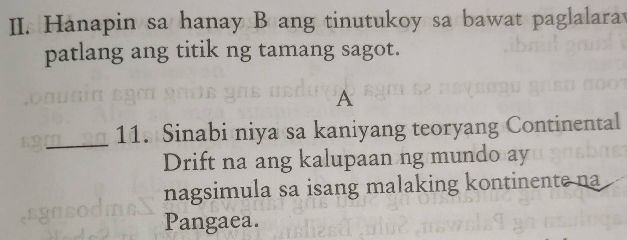 Hanapin sa hanay B ang tinutukoy sa bawat paglalara 
patlang ang titik ng tamang sagot. 
A 
_ 
11. Sinabi niya sa kaniyang teoryang Continental 
Drift na ang kalupaan ng mundo ay 
nagsimula sa isang malaking kontinente na 
Pangaea.