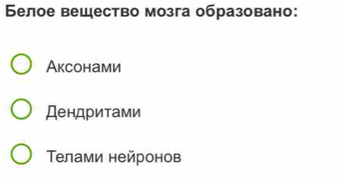 Белое вещество мозга образовано:
Аксонами
Дендритами
Τелами нейронов