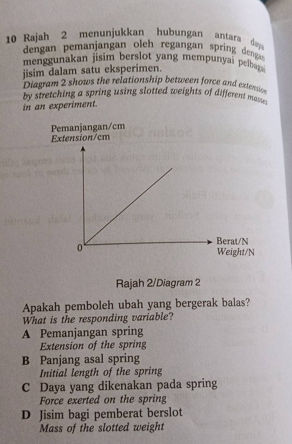 Rajah 2 menunjukkan hubungan antara daya
dengan pemanjangan oleh regangan spring dengan
menggunakan jisim berslot yang mempunyai pelbagai
jisim dalam satu eksperimen.
Diagram 2 shows the relationship between force and extension
by stretching a spring using slotted weights of different masse 
in an experiment.
Pemanjangan/ cm
Extension/ cm
Rajah 2/Diagram 2
Apakah pemboleh ubah yang bergerak balas?
What is the responding variable?
A Pemanjangan spring
Extension of the spring
B Panjang asal spring
Initial length of the spring
C Daya yang dikenakan pada spring
Force exerted on the spring
D Jisim bagi pemberat berslot
Mass of the slotted weight