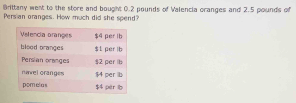 Brittany went to the store and bought 0.2 pounds of Valencia oranges and 2.5 pounds of 
Persian oranges. How much did she spend?