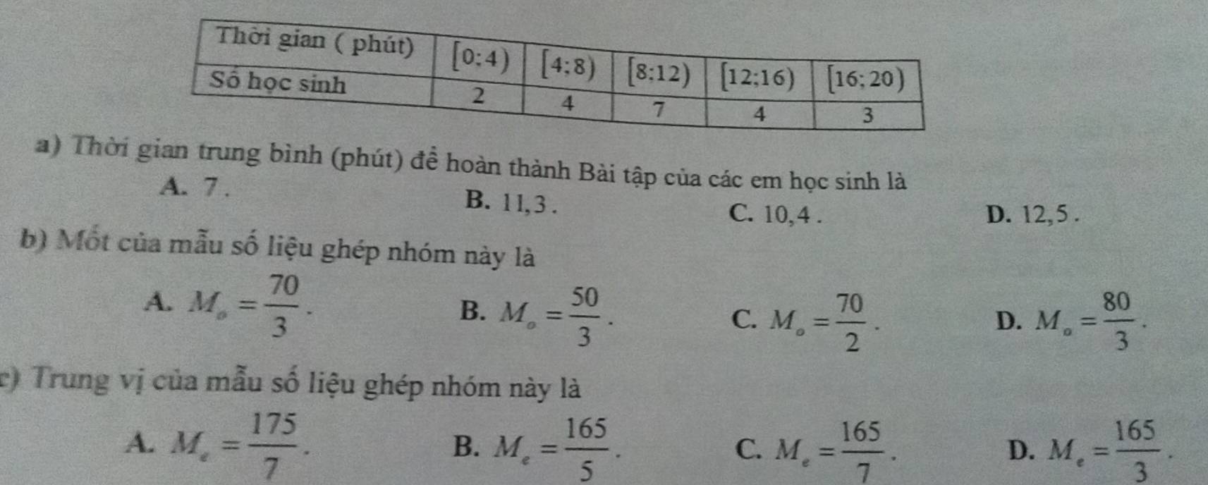 Thời gian trung bình (phút) để hoàn thành Bài tập của các em học sinh là
A. 7 . B. 1 l,3 .
C. 10,4 . D. 12, 5 .
b) Mốt của mẫu số liệu ghép nhóm này là
A. M_o= 70/3 .
B. M_o= 50/3 .
C. M_circ = 70/2 . M_o= 80/3 .
D.
r) Trung vị của mẫu số liệu ghép nhóm này là
A. M_e= 175/7 . M_e= 165/5 . M_e= 165/7 . M_e= 165/3 .
B.
C.
D.