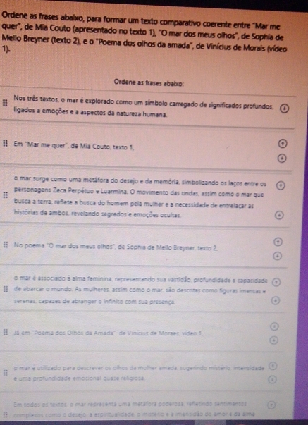 Ordene as frases abaixo, para formar um texto comparativo coerente entre "Mar me
quer", de Mia Couto (apresentado no texto 1), "O mar dos meus olhos", de Sophia de
Mello Breyner (texto 2), e o "Poema dos oihos da amada", de Vinícius de Morais (vídeo
1).
Ordene as frases abaixo:
Nos três textos, o mar é explorado como um símbolo carregado de significados profundos,
ligados a emoções e a aspectos da natureza humana.
 Em "Mar me quer", de Mia Couto, texto 1,
o mar surge como uma metáfora do desejo e da memória, simbolizando os laços entre os
personagens Zeca Perpétuo e Luarmina. O movimento das ondas, assim como o mar que
busca a terra, reflete a busca do homem pela mulher e a necessidade de entrelaçar as
histórias de ambos, revelando segredos e emoções ocultas
‡ No poema "O mar dos meus olhos", de Sophia de Mello Breyner, texto 2.
_
o mar é associado à alma feminina, representando sua vastidão, profundidade e capacidade
 de abarcar o mundo. As mulheres, assim como o mar. são descritas como figuras imensas e
serenas. capazes de abranger o infinito com sua presença.
_
 Já em ''Poema dos Olhos da Amada'': de Vinícius de Moraes. vídeo 1.
_
o mar é utilizado para descrever os olhos da mulher amada, sugerindo mistério, intensidade
e uma profundidade emocional quase religiosa.
_
Em todos os textos, o mar representa uma metafora poderosa, refletindo sentimentos
E  complexos como o desejo, a espiritualidade, o mistério e a imensidão do amor e da alma