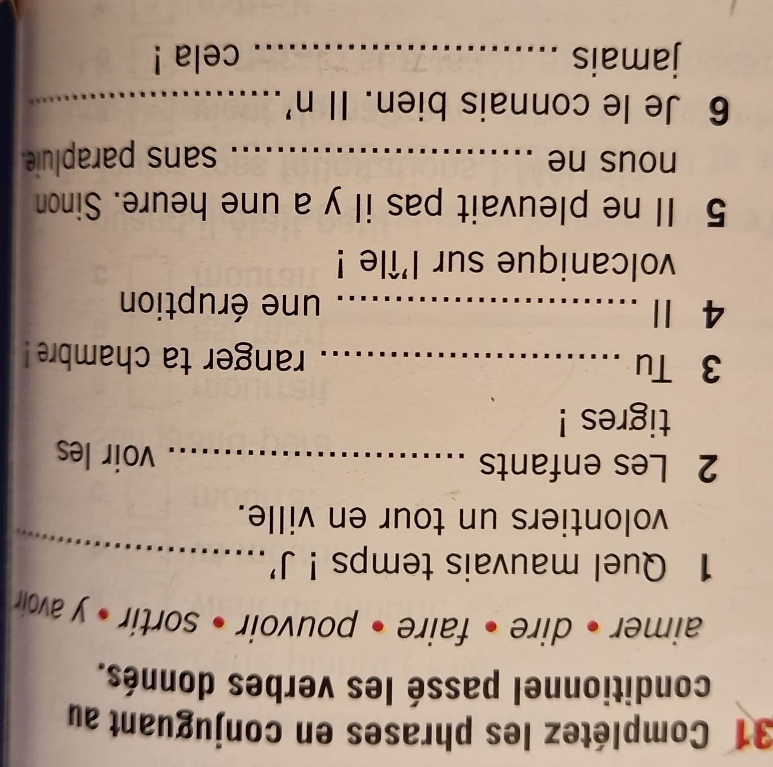 Complétez les phrases en conjuguant au 
conditionnel passé les verbes donnés. 
aimer • dire • faire • pouvoir • sortir • y avoir 
1 Quel mauvais temps ! J'_ 
volontiers un tour en ville. 
2 Les enfants_ 
voir les 
tigres ! 
3 Tu _ranger ta chambre ! 
4 11_ 
une éruption 
volcanique sur l'île ! 
5 Il ne pleuvait pas il y a une heure. Sinon 
nous ne _sans parapluie. 
6 Je le connais bien. Il n'_ 
jamais _cela !