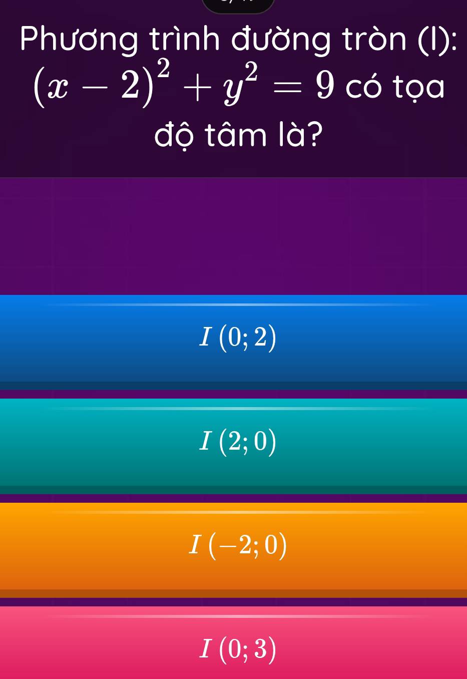 Phương trình đường tròn (I):
(x-2)^2+y^2=9 có tọa
độ tâm là?
I(0;2)
I(2;0)
I(-2;0)
I(0;3)