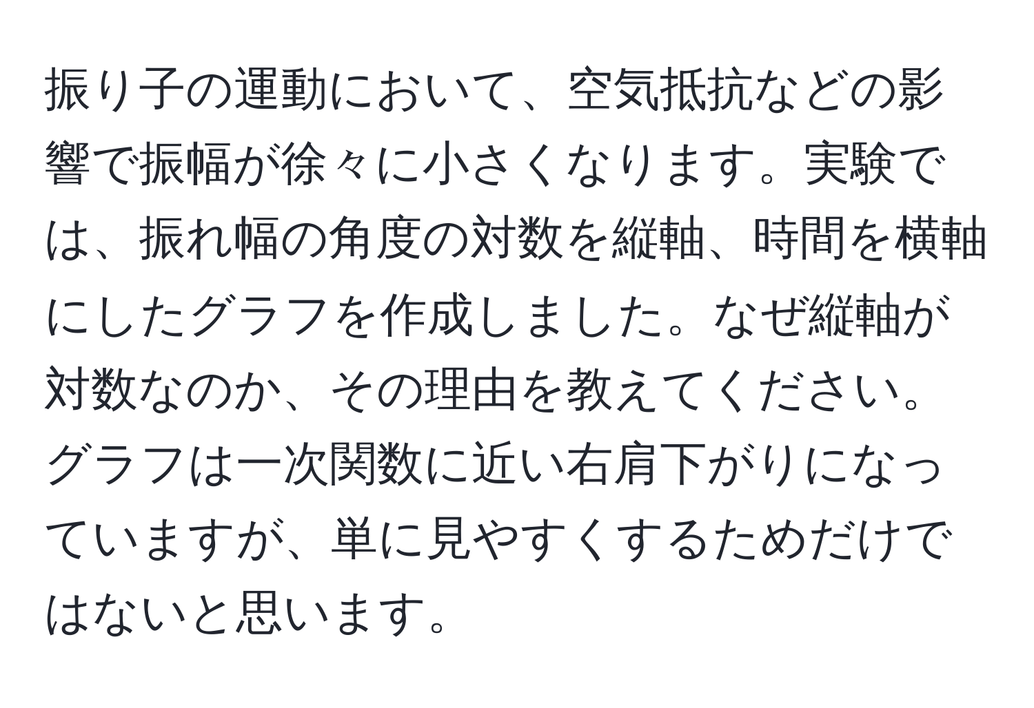 振り子の運動において、空気抵抗などの影響で振幅が徐々に小さくなります。実験では、振れ幅の角度の対数を縦軸、時間を横軸にしたグラフを作成しました。なぜ縦軸が対数なのか、その理由を教えてください。グラフは一次関数に近い右肩下がりになっていますが、単に見やすくするためだけではないと思います。