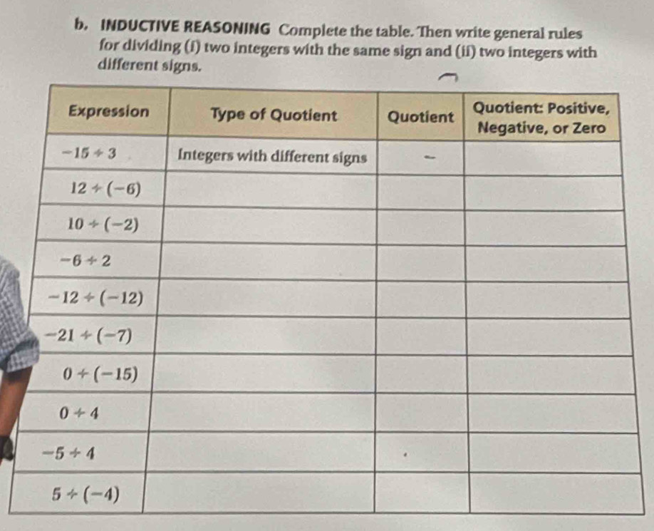 b, INDUCTIVE REASONING Complete the table. Then write general rules
for dividing (i) two integers with the same sign and (ii) two integers with
different signs.