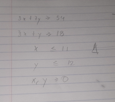 3x+7y≥ 54
3x+y≥slant 18
x≤ 11 A
y≤ 12
x,y≥ 0