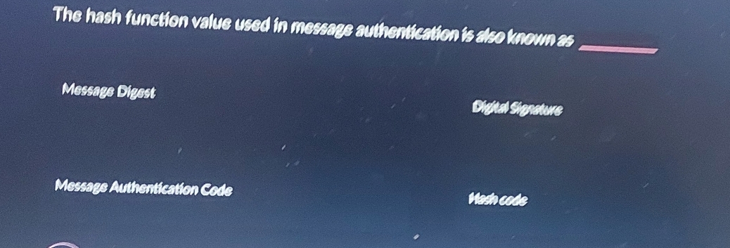 Solved: The hash function value used in message authentication is also ...
