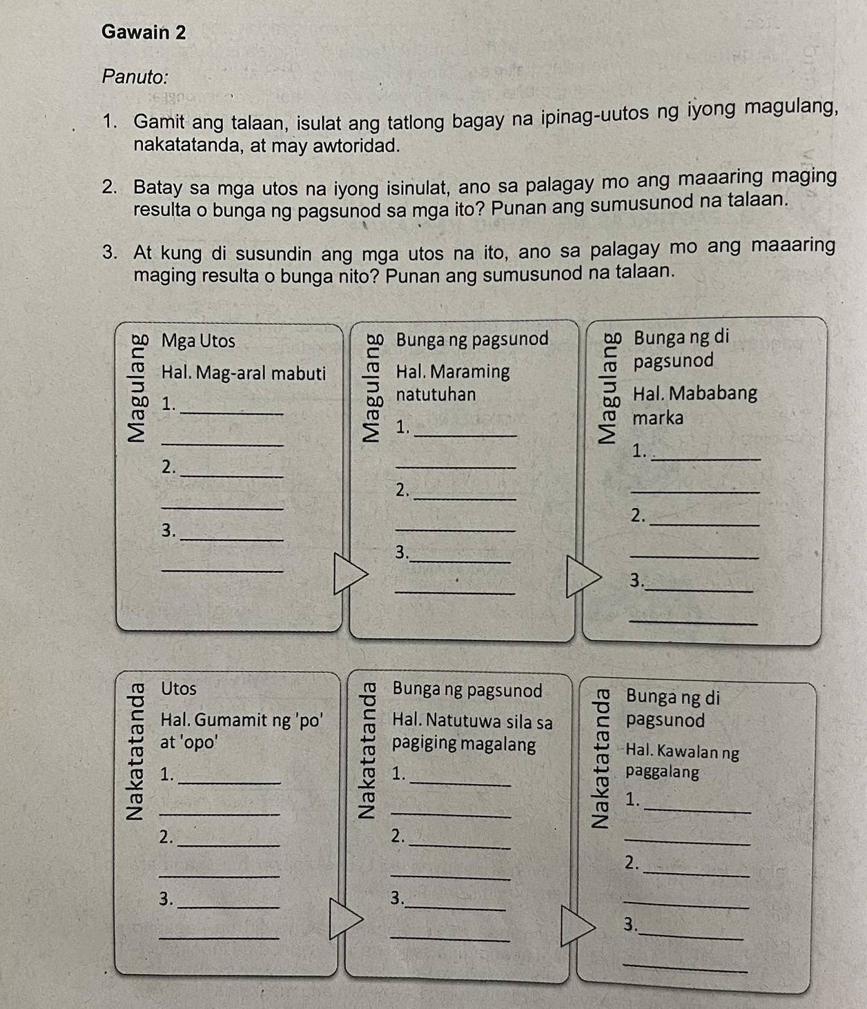 Gawain 2 
Panuto: 
1. Gamit ang talaan, isulat ang tatlong bagay na ipinag-uutos ng iyong magulang, 
nakatatanda, at may awtoridad. 
2. Batay sa mga utos na iyong isinulat, ano sa palagay mo ang maaaring maging 
resulta o bunga ng pagsunod sa mga ito? Punan ang sumusunod na talaan. 
3. At kung di susundin ang mga utos na ito, ano sa palagay mo ang maaaring 
maging resulta o bunga nito? Punan ang sumusunod na talaan. 
o Mga Utos Bunga ng pagsunod bo Bunga ng di 
60 
C 
Hal. Mag-aral mabuti Hal. Maraming pagsunod 
_ 
1. 
natutuhan Hal. Mababang 
1._ 
marka 
_ 
1._ 
_ 
2. 
_ 
_ 
_ 
2._ 
2. 
3._ 
_ 
_ 
_ 
3._ 
_ 
_ 
3._ 
_ 
Utos Bunga ng pagsunod Bunga ng di 
Hal. Gumamit ng 'po' Hal. Natutuwa sila sa pagsunod 
at 'opo' pagiging magalang 
Hal. Kawalan ng 
_ 
1._ paggalang 
1. 
_ 
_ 
_ 
1. 
_ 
2._ 
2. 
_ 
_ 
_ 
_ 
2. 
_ 
3._ 
3. 
_ 
__ 
_ 
3. 
_