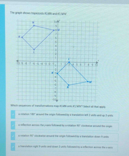 The graph shows trapezoids KLMN and KL'M'N'.
a rotation 180° around the origin followed by a translation left 2 units and up 3 units
a reflection across the y-axis followed by a rotation 90° clockwise around the origin
a rotation 90° clockwise around the origin followed by a translation down 9 units
a translation right 9 units and down 3 units followed by a reflection across the x-axis