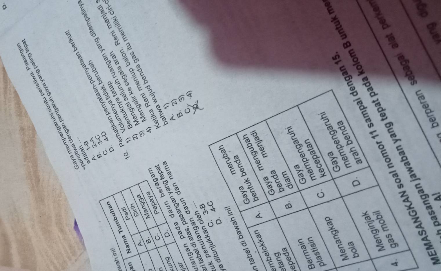 aya mempengaruhi suatu peristiwa. Pasanga
peristiwa dengan pengaruh gaya yang paling tẹp
adalah ....
A. 1 -B
B. 2 -A
). Perhatikan penyataan-pernyataan berik
C. 3 -C
wah ini!
an Nama Tumbuhan
D. 4 -D
Padi
) Volumenya tidak berubal
etika Reni meniup balon. Reni menjad
) Mengalir ke segala aral
Sirih
A.
B.
Mangga
Mengisi seluruh ruangan yang ditempatin
ahwa wujud benda gas itu memiliki ciri
langan pada daun beragar 2) Bentuknya tetap
C.
Pepaya
ung D.
A. 1)
jar
B. 2)
i tabel di atas, pasangan yang tepa
C. 3)
k ulangan daun dan nam 
a d oleh ...
·4)
ta
mb
tan
epe
Ber
pl
basanolom B untuk r
EMA 1
4.
A
berpgai alat perke 
yang dig