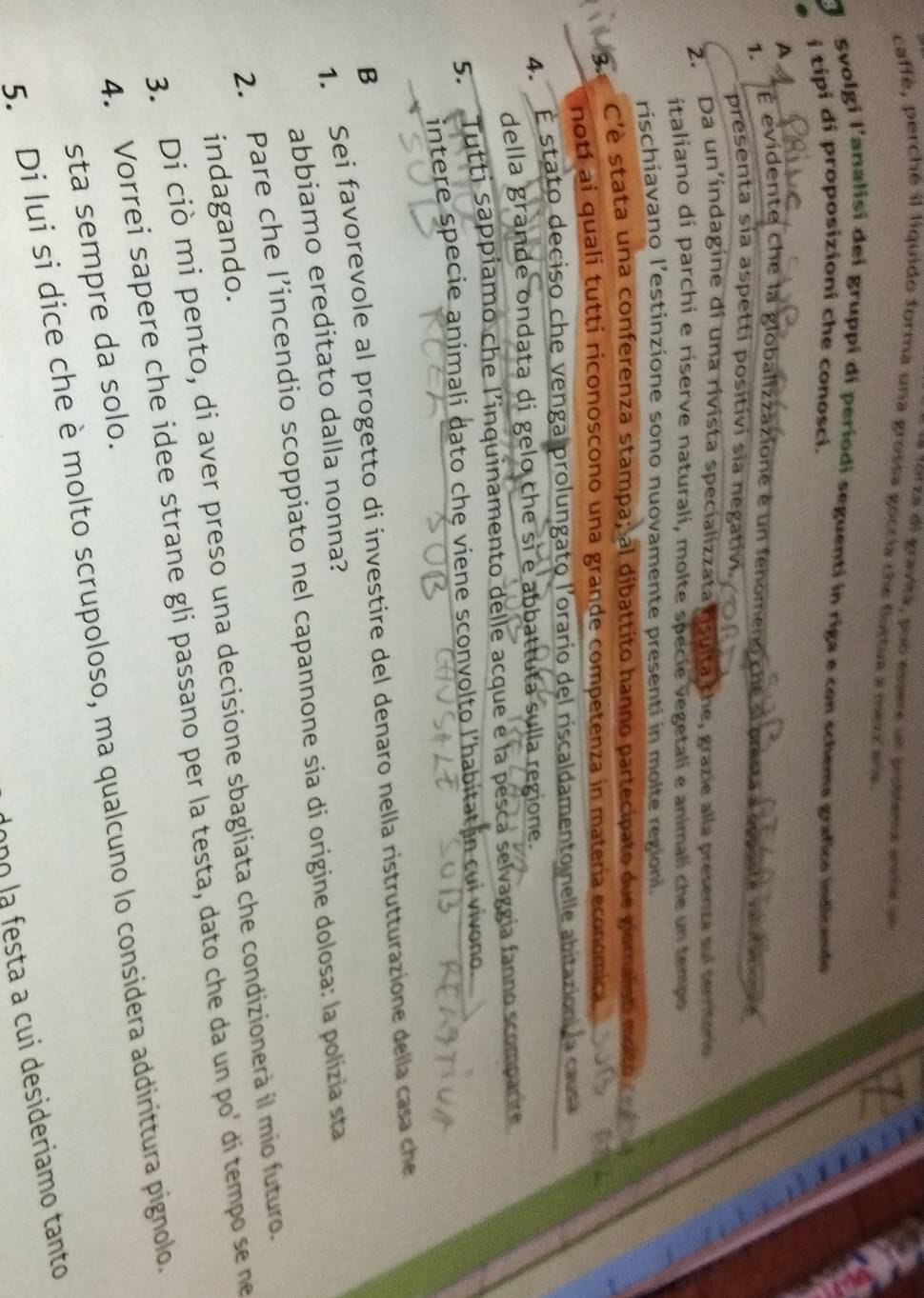 1517a dl gravitá, pub essere un problema anña un 
caffé, perché il liquido forma una grossa goccia che flustua a mezz ana.
Svolgi l'analisí dei gruppí di períodi seguenti in riga e con schema grafico indicando
i tipi di proposizioni che conosci.
A
1. E evidente che la globalizzazione é un fenomeno che si presta a popeste val danesr e
presenta sia aspetti positivi sia negativi.
2. Da un'índagine di una rivista specializzata risulta che, grazie alla presenza sui serrtoro
italiano di parchi e riserve naturali, molte specie vegetali e animali che un tempo
rischiavano l'estinzione sono nuovamente presenti in molte regioni.
C'è stata una conferenza stampa; al dibattito hanno partecipato due gioralisti maita
notí ai qualí tutti riconoscono una grande competenza in materia economica
4. É stato deciso che venga prolungato l'orario del riscaldamento nelle abitazion la causa
della grande ondata di gelo che si e abbattuta sulla regione.
5.  Tutti sappíamo che l'inquinamento delle acque e la pesca selvaggía fanno scompact
intere specie animali dato che viene sconvolto l'habitatón cui vivono.
1. Sei favorevole al progetto di investire del denaro nella ristrutturazione della casa che
B
abbiamo ereditato dalla nonna?
2. Pare che l’incendio scoppiato nel capannone sia di origine dolosa: la polizia sta
indagando.
3. Di ciò mi pento, di aver preso una decisione sbagliata che condizionerà il mio futuro.
4. Vorrei sapere che idee strane gli passano per la testa, dato che da un po' dí tempo se ne
sta sempre da solo.
5. Di lui si dice che è molto scrupoloso, ma qualcuno lo considera addirittura pignolo.
Jopó la festa a cui desideriamo tanto