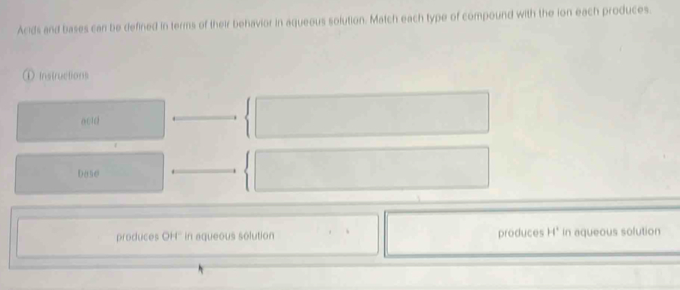 Acids and bases can be defined in terms of their behavior in aqueous solution. Match each type of compound with the ion each produces. 
① Instructions 
acid 
Dase 
produces OH'' in aqueous solution produces H° In aqueous solution