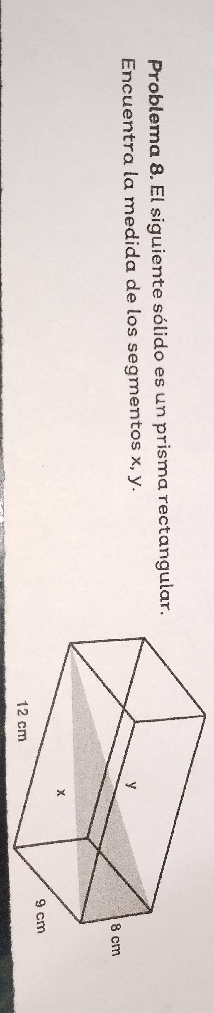 Problema 8. El siguiente sólido es un prisma rectangular. 
Encuentra la medida de los segmentos x, y.