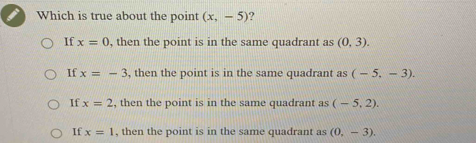 Solved: Which is true about the point (x,-5) ? If x=0 , then the point ...