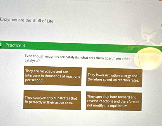Enzymes are the Stuff of Life
Practice 4
Even though enzymes are catalysts, what sets them apart from other
catalysts?
They are recyclable and can They lower activation energy and
intervene in thousands of reactions
per second. therefore speed up reaction rates.
They speed up both forward and
They catalyze only substrates that reverse reactions and therefore do
fit perfectly in their active sites. not modify the equilibrium.
