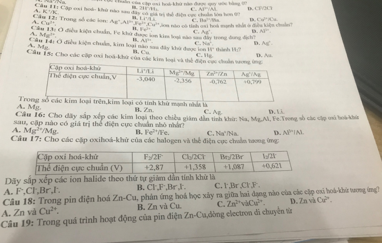 Na7Na cục chuẩn của cặp oxi hoá-khử nào được quy ước bằng 0?
B. 2H^+/H_2. C. Al^(3+)/Al. D. Cl/2Cl
Câu 11: Cặp oxi hoá- khử nào sau đây có giá trị thế điện cực n hơn 0?
A. K^+/K
Câu 12: Trong số các ion: B. Li^+/Li. D. Cu^(2+)/Cu.
C. Ba^(2+)/Ba.
A. Cu^(2+) Ag^+,Al^(3+) ,Fe^(2+),Cu^(2+) ion nào có tính oxi hoá mạnh nhất ở điều kiện chuẩn?
B. Fe^(2+).
Câu 13: Ở điều kiện chuẩn, Fe khử được ion kim loại nào sau dây trong dung dịch?
A. Mg^(2+)
C. Ag^+. D. AP^(3+).
B, Al^(3+).
C. Na^+. D. Ag^+.
Câu 14: Ở điều kiện chuẩn, kim loại nào sau đây khử được ion H^+ thành H_2
A. Mg.
B. Cu. C. Hg.
D. Au.
Câu 15: Cho các cặp oxi hoá-khử của các kim loại và th
Tà
A. Mg. B. Zn. C. Ag. D. Li.
Câu 16: Cho dãy sắp xếp các kim loại theo chiều giảm dần tính khử: Na, Mg_2A 1, Fe.Trong số các cặp oxi hoá-khử
sau, cặp nào có giá trị thế điện cực chuẩn nhỏ nhất?
A. Mg^(2+)/Mg. B. Fe^(2+) /Fe. C. Na^+ /Na. D. Al^(3+)/Al.
Câu 17: Cho các cặp oxihoá-khử của các halogen và thế điện cực chuẩn tương ứng:
Dãy sắp xếp các ion halide theo thứ tự giảm dần tín
A. F·,Cl,Br,I. B. Cl·,F⁻,Br⁻,I. C. l,Br,Cl,F.
Câu 18: Trong pin điện hoá Zn-Cu, phản ứng hoá học xảy ra giữa hai dạng nào của các cặp oxi hoá-khử tương ứng?
A. Zn và Cu^(2+). B. Zn và Cu. C. Zn^(2+)vaCu^(2+). D. Zn và Cu^(2+).
Câu 19: Trong quá trình hoạt động của pin điện Zn -C,dòng electron di chuyền từ