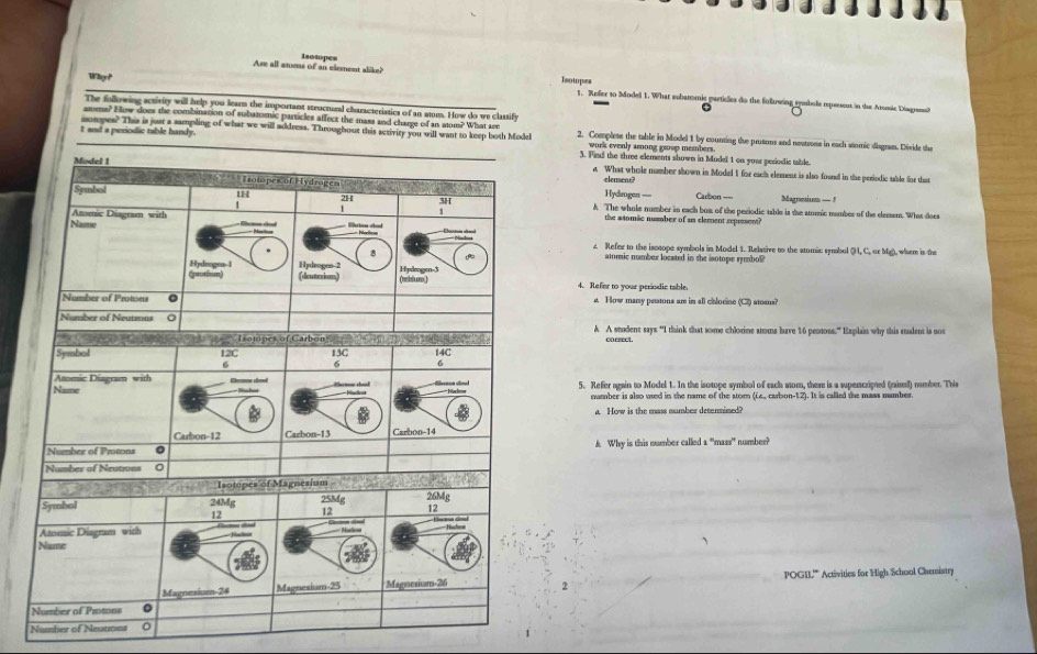 Are all anoms of an clement alike? Isolopes 
Isotopes 
Why? 1. Refer to Model 1. What eubsromis perticles do the fullowing tmbols rxpesen in the Atomic Diagrend 
The following activity will help you learn the important steuctural characteriatics of an atum. How do we classify 
amms? Eow does the combination of subatomic particles affect the mass and charge of an atum? What ae 
t and a periodic table handy. isoropes? This is just a sampling of what we will address. Throughout this setivity you will want to keep both Model 2. Complese the table in Medel 1 by counting the prosons and neutross in each stomic disgram. Divide the 
work evenly among group members. 
3. Find the three elements shown in Modell 1 on yoar periodic mible. 
a. What whole number shown in Model 1 for each element is also found in the periodic table for that 
Hydirogen == clensent? Carbon == Magansium — ! 
& The whole number in each bost of the periodic table is the smomic number of the element. What does 
the asomic nummber of an element repessent? 
c Refer to the isccope symbols in Model 1. Relasive to the stomic symbol (H, C, or Mg), whem is the 
atomic namber located in the isotope rymbol 
4. Refer to your periodic table. 
e. How many pessons are in all chlorine (Cl) atoens? 
A A student says “I think that some chlorine aroms have 16 peotons.” Iaplain why this student is not 
correct. 
5. Refer again to Model 1. In the isotope symbol of each stom, there is a supencripted (nised) number This 
number is also used in the name of the storn (Le_ carbon-12). It is called the mass mumber 
a. How is the mass number determined? 
A Why is this number called a "mass' number? 
2 POGIL''' Activities for High School Chemistry 
Number of Neutros