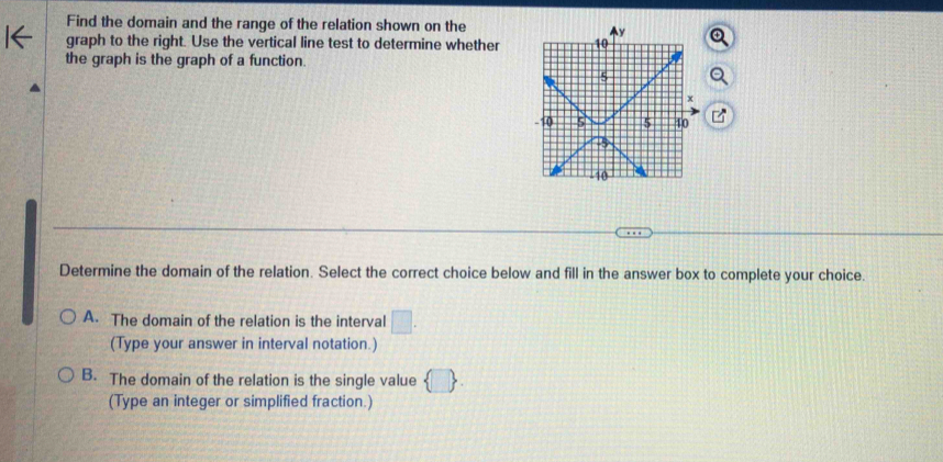 Find the domain and the range of the relation shown on the
graph to the right. Use the vertical line test to determine whether
the graph is the graph of a function.
Determine the domain of the relation. Select the correct choice below and fill in the answer box to complete your choice.
A. The domain of the relation is the interval □. 
(Type your answer in interval notation.)
B. The domain of the relation is the single value  □ . 
(Type an integer or simplified fraction.)