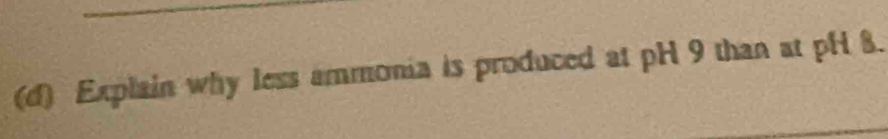 Explain why less ammonia is produced at pH 9 than at pH 8.