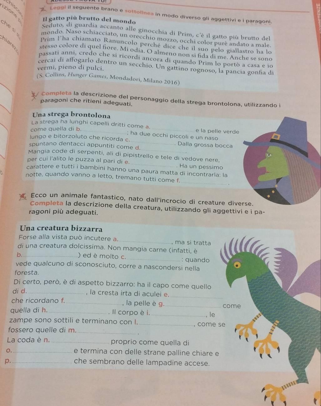 Leggi il seguente brano e sottolinea in modo diverso gli aggettivi e i paragoni.
zione Il gatto più brutto del mondo
Seduto, di guardia accanto alle ginocchia di Prim, c'è il gatto più brutto del
h e si mondo. Naso schiacciato, un orecchio mozzo, occhi color purè andato a male.
Prim l'ha chiamato Ranuncolo perché dice che il suo pelo giallastro ha lo
hiarez stesso colore di quel fiore. Mi odia. O almeno non si fida di me. Anche se sono
passati anni, credo che si ricordi ancora di quando Prim lo portò a casa e io
cercai di affogarlo dentro un secchio. Un gattino rognoso, la pancia gonfía di
vermi, pieno di pulci.
(S. Collins, Hunger Games, Mondadori, Milano 2016)
Completa la descrizione del personaggio della strega brontolona, utilizzando i
paragoni che ritieni adeguati.
Una strega brontolona
La strega ha lunghi capelli dritti come a. _e la pelle verde
come quella di b._
; ha due occhi piccoli e un naso
_
lungo e bitorzoluto che ricorda c. _Dalla grossa bocca
spuntano dentacci appuntiti come d.
Mangia code di serpenti, ali di pipistrello e tele di vedove nere,
per cui l’alito le puzza al pari di e. _ Ha un pessimo
carattere e tutti i bambini hanno una paura matta di incontrarla: la
_
notte, quando vanno a letto, tremano tutti come f.
Ecco un animale fantastico, nato dall'incrocio di creature div
Completa la descrizione della creatura, utilizzando gli aggettivi e i pa-
ragoni più adeguati.
Una creatura bizzarra
Forse alla vista può incutere a. _, ma si tratta
di una creatura dolcissima. Non mangia carne (infatti, è
b._
) ed è molto c._
: quando
vede qualcuno di sconosciuto, corre a nascondersi nella
foresta.
Di certo, però, è di aspetto bizzarro: ha il capo come quello
di d._ , la cresta irta di aculei e.
_
che ricordano f. _, la pelle è g _come
quella di h._ . Il corpo è i._
, le
zampe sono sottili e terminano con I.
_, come se
fossero quelle di m._
La coda è n. _proprio come quella di
o._
e termina con delle strane palline chiare e
p. _che sembrano delle lampadine accese.