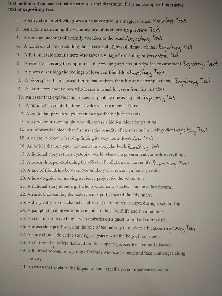 Instructions: Read each situation carefully and determine if it is an example of narrative
text or expository text.
1. A story about a girl who goes on an adventure in a magical forest.
2. An article explaining the water cycle and its stages.
3. A personal account of a family vacation to the beach.
4. A textbook chapter detailing the causes and effects of climate change
5. A fictional tale about a hero who saves a village from a dragon. No
6. A report discussing the importance of recycling and how it helps the environment.
7. A poem describing the feelings of love and friendship.
8. A biography of a historical figure that outlines their life and accomplishments.
9. A short story about a boy who learns a valuable lesson from his mistakes.
10. An essay that explains the process of photosynthesis in plants
11. A fictional account of a time traveler visiting ancient Rome.
12. A guide that provides tips for studying effectively for exams.
13. A story about a young girl who discovers a hidden talent for painting.
14. An informative piece that discusses the benefits of exercise and a healthy diet.
15. A narrative about a lost dog finding its way home.
16. An article that analyzes the themes in a popular book
17. A fictional story set in a dystopian world where the government controls everything.
18. A research paper explaining the effects of pollution on marine life.
19. A tale of friendship between two unlikely characters in a fantasy realm.
20. A how-to guide on making a science project for the school fair.
21. A fictional story about a girl who overcomes obstacles to achieve her dreams.
22. An article explaining the history and significance of the Olympics.
23. A diary entry from a character reflecting on their experiences during a school trip.
24. A pamphlet that provides information on local wildlife and their habitats.
25. A tale about a brave knight who embarks on a quest to find a lost treasure.
26. A research paper discussing the role of technology in modern education
27. A story about a detective solving a mystery with the help of his friends.
28. An informative article that outlines the steps to prepare for a natural disaster.
29. A fictional account of a group of friends who start a band and face challenges along
the way.
30. An essay that explains the impact of social media on communication skills.