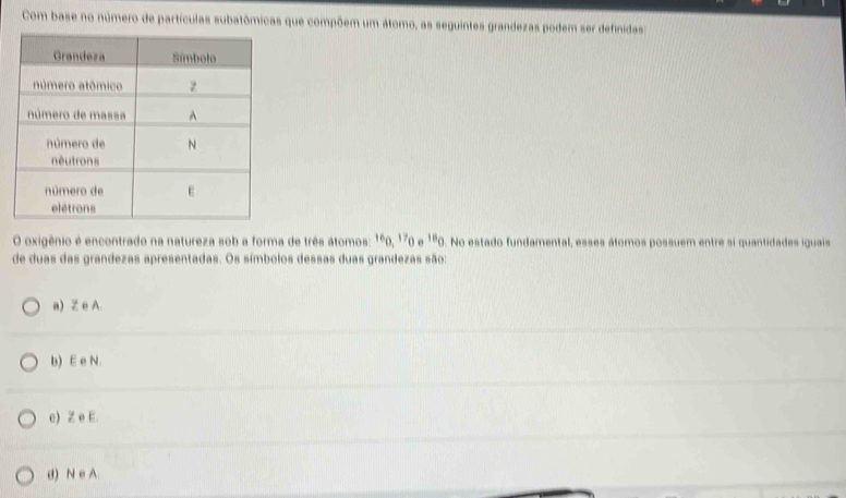 Com base no número de partículas subatômicas que compõem um átomo, as seguintes grandezas podem ser definidas
O oxigênio é encontrado na natureza sob a forma de três átomos: 1º0, 170 e 1º0. No estado fundamental, esses átomos possuem entre si quantidades iguais
de duas das grandezas apresentadas. Os símbolos dessas duas grandezas são:
a) Z e A.
b) E e N.
e) Z e E.
d) N e A.