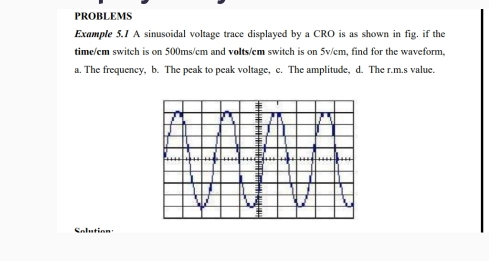 PROBLEMS 
Example 5.1 A sinusoidal voltage trace displayed by a CRO is as shown in fig. if the 
time/cm switch is on 500ms/cm and volts/cm switch is on 5v/cm, find for the waveform, 
a. The frequency, b. The peak to peak voltage, c. The amplitude, d. The r.m.s value. 
Solution