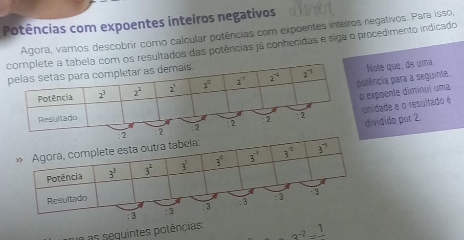 Potências com expoentes inteiros negativos
Agora, vamos descobrir como calcular potências com expoentes inteiros negativos. Para isso,
os resultados das potências já conhecidas e siga o procedimento indicado
Note que, de uma
tência para a seguinte,
expoente diminui uma
nidade e o resultado é
dividido por 2.
un as sequintes potências:
3^(-2)=frac 1