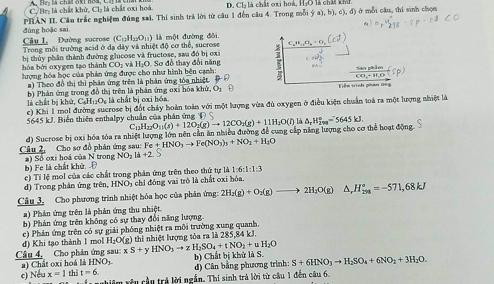 A Br₂ là chất 6xỉ hoa, Cl là chất k
C. Br₂ là chất khử, Cl_2 là chất oxi hoá D. Cl_2la chất oxi hoá, H_2O O là chất khử.
PHÀN II. Câu trắc nghiệm đúng sai. Thí sinh trả lời từ câu 1 đến câu 4. Trong mỗi ý a), b), c), d) ở mỗi câu, thí sinh chọn
đúng hoặc sai
Câu 1. Đường sucrose (C_12H_22O_11) là một đường đôi
Trong môi trường acid ở dạ dày và nhiệt độ cơ thể, sucrose
bị thủy phân thành đường glucose và fructose, sau đó bị oxi
hóa bởi oxygen tạo thành CO_2 và H_2O Sơ đồ thay đổi năng
Sán phẩm
lượng hóa học của phản ứng được cho như hình bên cạnh:
CO_2+H_2O
a) Theo đồ thị thì phản ứng trên là phản ứng tỏa nhiệt.
b) Phản ứng trong đồ thị trên là phản ứng oxi hóa khử, O_2 Tiến trình phản ứng
là chất bị khử, C_6H_12O_6 là chất bị oxi hóa.
c) Khi 1 mol đường sucrose bị đột cháy hoàn toàn với một lượng vừa đủ oxygen ở điều kiện chuẩn toả ra một lượng nhiệt là
5645 kJ. Biến thiên enthalpy chuẩn của phản ứng
C_12H_22O_11(s)+12O_2(g)to 12CO_2(g)+11H_2O(l) là △ _rH_(298)°=5645kJ.
d) Sucrose bị oxi hóa tỏa ra nhiệt lượng lớn nên cần ăn nhiều đường để cung cấp năng lượng cho cơ thể hoạt động.
Câu 2. Cho sơ đồ phản ứng sau: F Fe+HNO_3to Fe(NO_3)_3+NO_2+H_2O
a) Số oxi hoá của N trong NO_2la+2.
b) Fe là chất khử.
c) Tỉ lệ mol của các chất trong phản ứng trên theo thứ tự là 1:6:1:1:3
d) Trong phản ứng trên, HNO_3 chỉ đóng vai trò là chất oxi hóa.
Câu 3. Cho phương trình nhiệt hóa học của phản ứng: 2H_2(g)+O_2(g)to 2H_2O(g) △ _rH_(298)°=-571,68kJ
a) Phản ứng trên là phản ứng thu nhiệt.
b) Phản ứng trên không có sự thay đồi năng lượng.
c) Phản ứng trên có sự giải phóng nhiệt ra môi trường xung quanh.
d) Khi tạo thành 1 mol H_2O(g) thì nhiệt lượng tỏa ra là 285,84 kJ.
Câu 4. Cho phản ứng sau: xS+ y HNO_3to zH_2SO_4+tNO_2+uH_2O
a) Chất oxi hoá là HNO_3. b) Chất bị khử là S.
c) Nếu x=1 thì t=6. d) Cân bằng phương trình: S+6HNO_3to H_2SO_4+6NO_2+3H_2O.
a  nghiê m yêu cầu trả lời ngắn. Thí sinh trả lời từ câu 1 đến câu 6.