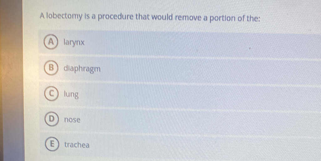 A lobectomy is a procedure that would remove a portion of the:
Alarynx
B diaphragm
Clung
D nose
Etrachea